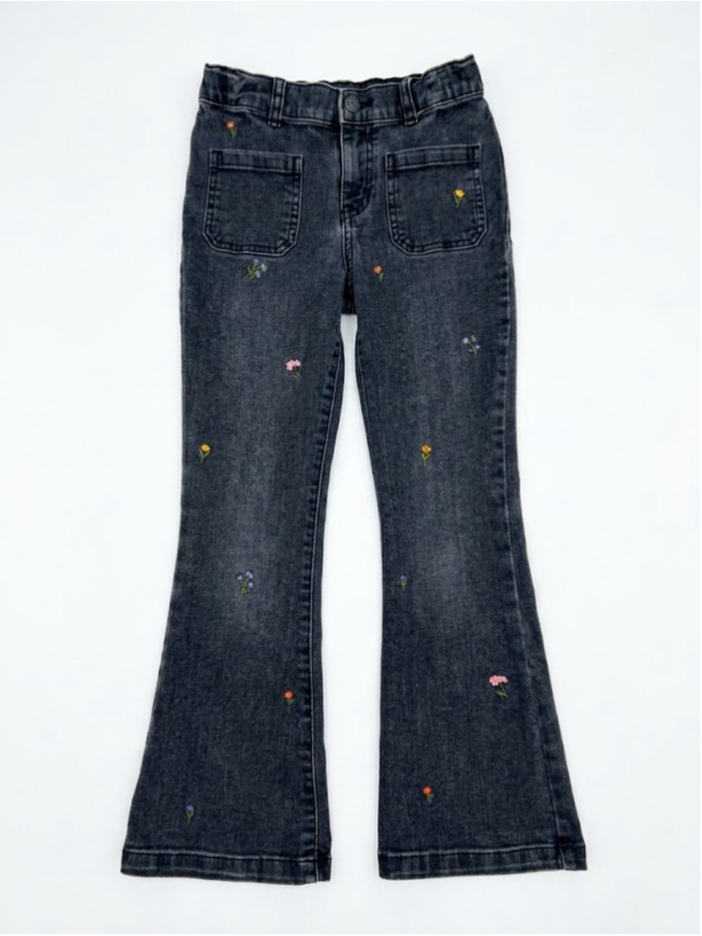 Cat & Jack Girls Size 8 Flare Jeans Black Floral Embroidered Denim